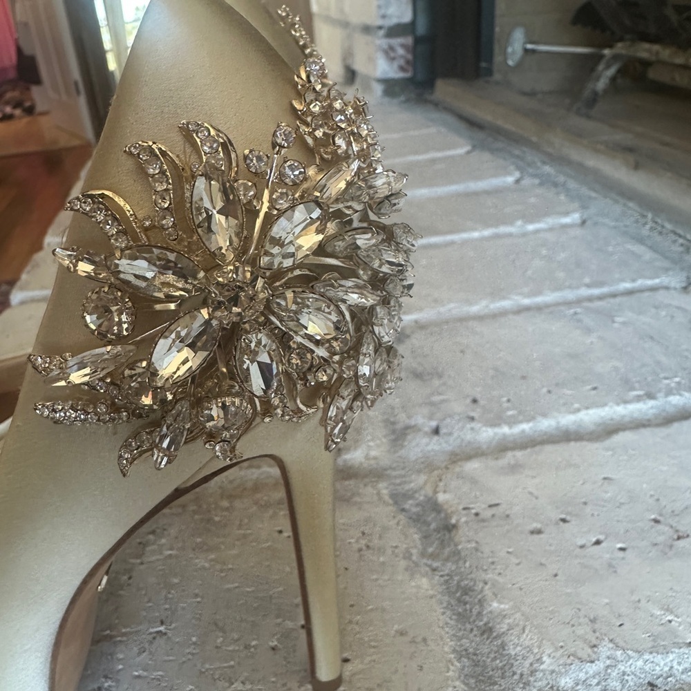 Badgley Mischka Cream Wedding Stilettos with Crystal Embellishments - Picture 6 of 8